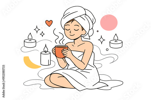 Intimate moments of self-pampering. A person wrapped in a soft towel, holding a warm mug with steam gently rising, calm smile and relaxed posture. Floating