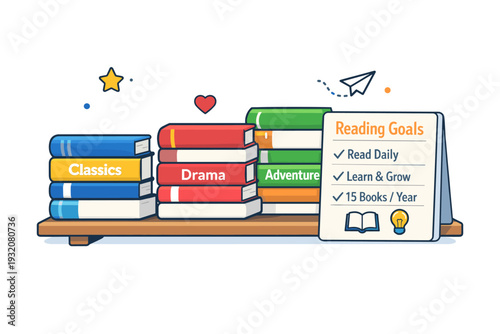 Reading habit planning scene built around a compact bookshelf section with three tidy stacks of novels labeled Classics, Drama, and Adventure. A simple