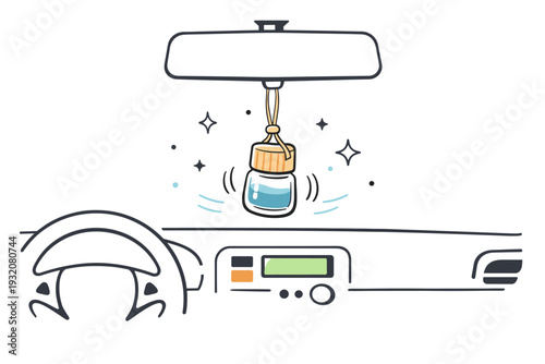 Car scent diffuser hanging from rearview mirror. A minimalist interior scene with a small ????????????? ?????? gently swinging, subtle motion lines and tiny