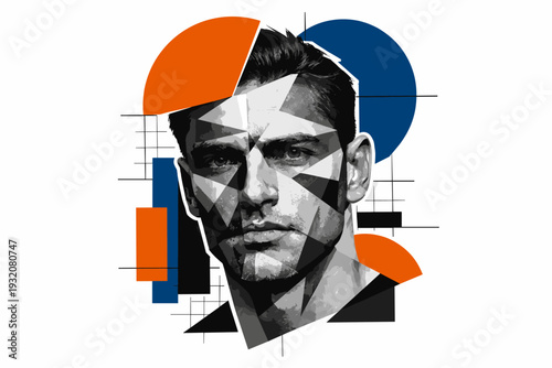 A black-and-white realistic male face fragmented into geometric planes, intersected by bold circles and semi-circles in deep blue and burnt orange, thin linear