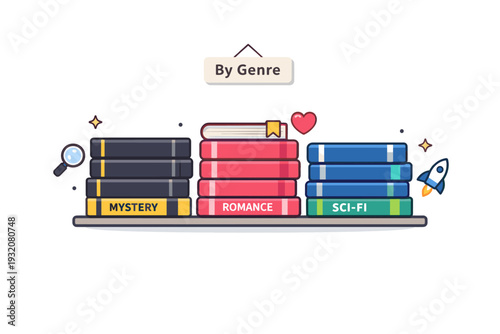 Genre organized bookshelf featuring a neat vertical stack of novels grouped by mystery, romance, and science fiction with small color-coded spine labels