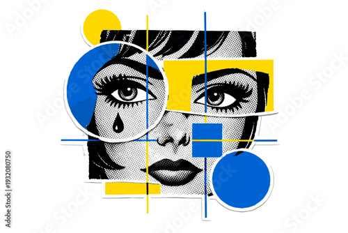 A vintage comic-style female face in black and white with expressive eyes and classic 60s halftone texture, intersected by geometric blocks and thin linear