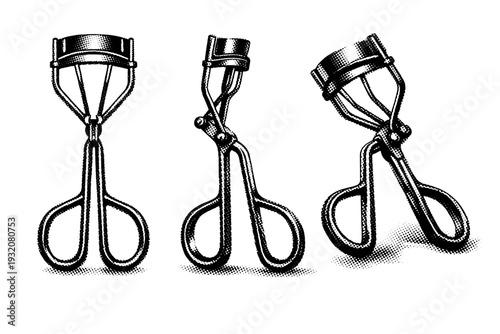 Beauty tool eyelash curler made of polished metal with curved clamp and scissor-style handles, shown from front, side, and angled perspective. Black and white