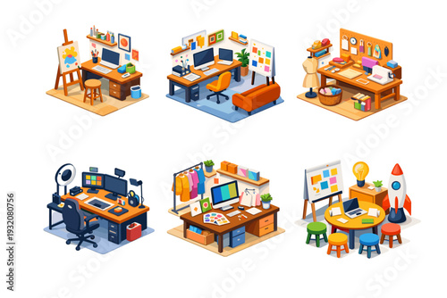 Creative entrepreneurship. Isometric flat vector icons set of Creative entrepreneurship: home art studio workspace, independent design agency office, handmade