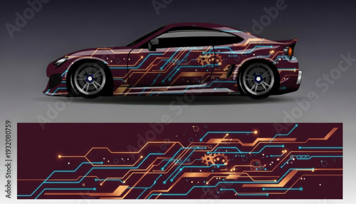 A sleek sports car with a futuristic circuit board graphic wrap design, showcasing glowing lines and digital patterns.