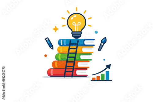 Skill growth in design and writing illustrated through a ladder made of stacked books leading up to a glowing lightbulb icon symbolizing ideas and mastery. A