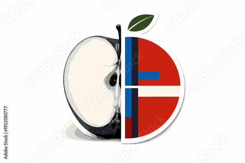 A black-and-white realistic apple sliced in half, with one half transformed into a bold geometric circle in deep red, intersected by cobalt blue lines and
