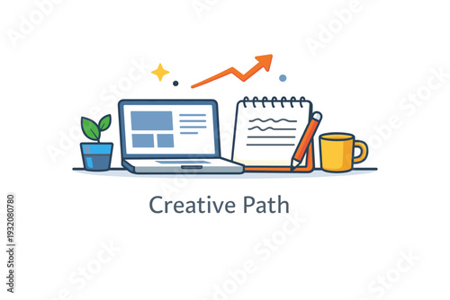 Creative career development centered around a desk with a laptop displaying simple layout grids and a notepad with handwritten lines symbolizing design and