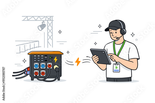 Event temporary power setup. A compact outdoor power supply box placed near a stage, with a coordinator checking connections on a tablet. Soft motion lines and
