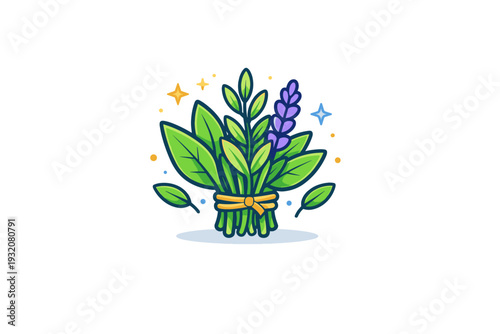 Magic herbs botanical concept centered on a small bundle of fresh leaves glowing with gentle sparkles, symbolizing natural healing and ancient wisdom passed