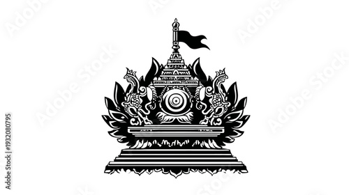 Intricate black and white emblem, possibly a crest, featuring ornate floral elements and architectural details