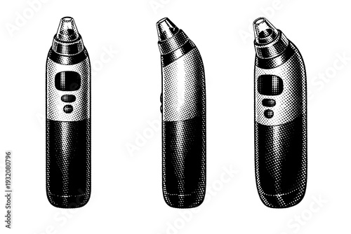 Skincare device vacuum pore extractor with transparent suction nozzle and cylindrical control body, shown from front, side, and three-quarter angle. Black and