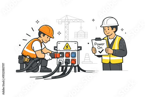 Construction site temporary power connection. A worker plugging heavy-duty cables into a distribution box while another monitors a small clipboard with a