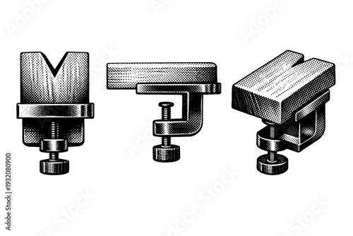Bench pin clamp displayed as the same object in three positions: front view with V-shaped notch visible, side profile showing mounting screw, and angled