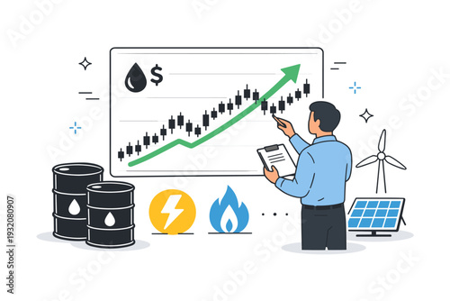 Oil and energy commodities. A character analyzing an upward oil price chart on a large screen, with simple barrel and energy icons nearby. The scene conveys
