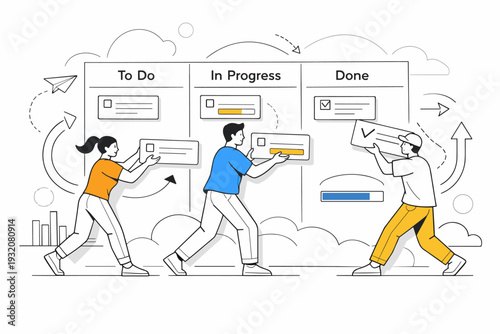 Online project management in the cloud. Characters dragging floating task cards between columns, progress bars filling up, abstract arrows and shapes