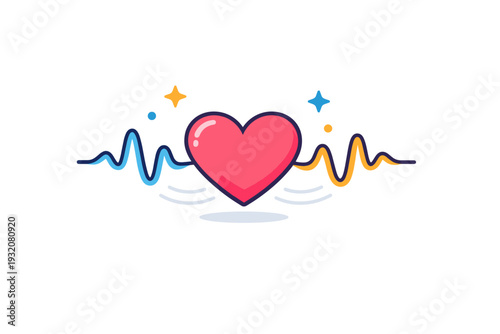 Mindful breathing and calm pulse illustrated by a soft heart shape surrounded by gentle wave lines and tiny stars suggesting steady rhythm. A peaceful concept