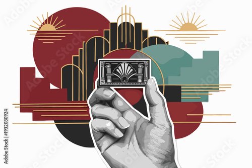 A black and white hand holding a small Art Deco ornamental frame, intersected by bold circular shapes and stepped rectangular blocks in burgundy and muted