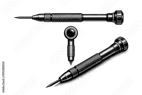 Mechanical watchmaker screwdriver shown in three precise views including side profile, top view, and angled perspective, featuring a knurled handle and fine