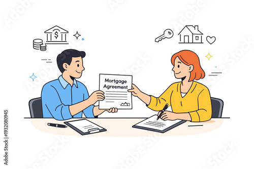 Mortgage and financing. Two characters signing a document titled ?Mortgage Agreement? across a simple desk, exchanging papers in a calm and professional