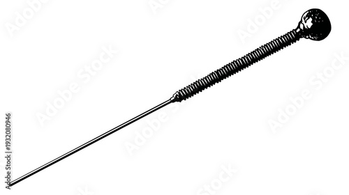 A black and white illustration of a slender metal tool with a spiraled portion and a round head