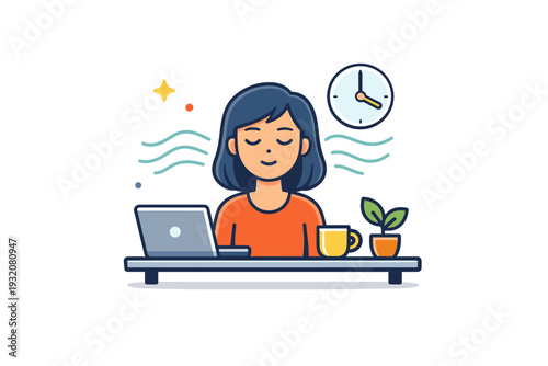 Stress relief breathing break represented by a small desk scene with a person closing their eyes while gentle wave lines surround the head and a tiny clock