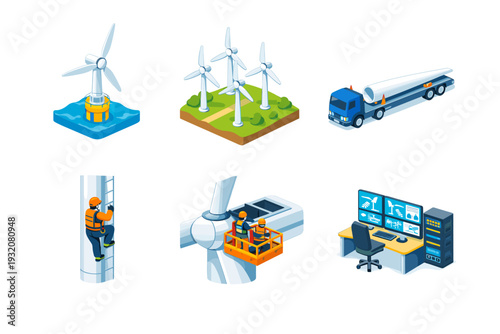 Wind Power Industry. Isometric flat vector icons set of Wind Power Industry: offshore wind turbine, onshore wind farm cluster, turbine blade transport truck,