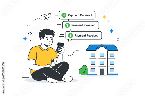 Rental income concept. A character receiving digital payment notifications on a smartphone with a simple apartment building icon nearby. The scene conveys