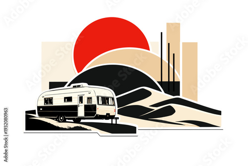 A black and white desert landscape with a vintage caravan parked near stylized dunes, oversized red sun disk and geometric half-circles layered behind,