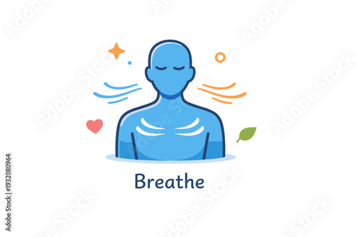Breathing exercises for relaxation centered around a calm human silhouette with a softly expanding chest and gentle airflow lines moving in and out. A peaceful