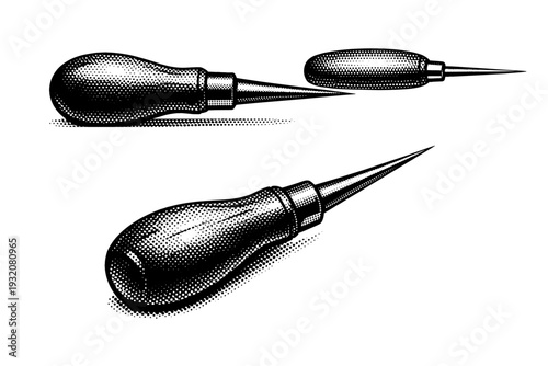 Leather stitching awl shown in three precise views including side profile, top view, and angled perspective, featuring a wooden handle and sharp tapered steel