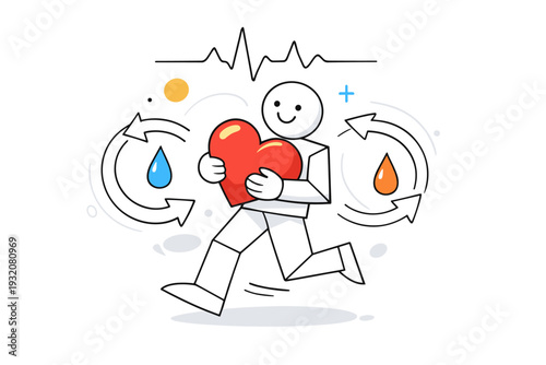 Healthy heart function. Geometric character holding a simplified heart model, pulse line gently rising above, droplets and circular arrows symbolizing constant
