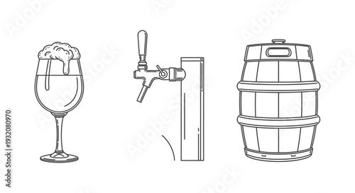 outline vector icons featuring a frothy beer glass classic beer tap and traditional wooden barrel for drink industry designs