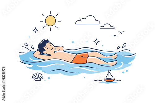 Swimming in the sea in June. A person calmly floating in clear blue water under warm early summer sun, relaxed and carefree mood. Light motion lines around the