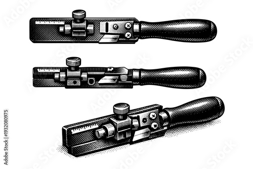 Leather strap cutter presented in three views including top view, side profile, and angled perspective, depicting the adjustable guide bar and straight cutting