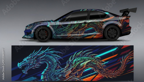 Custom car wrap design featuring a vibrant, detailed dragon illustration with abstract geometric patterns and neon colors.