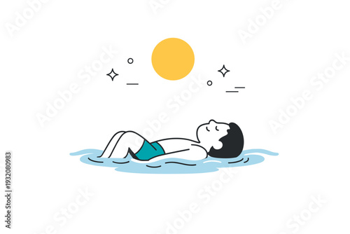 Sun and sea balance. A character resting on their back in the water, looking at a simple round sun icon above, peaceful and mindful atmosphere. Clean