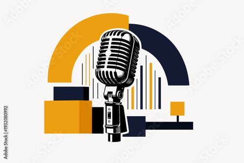 A black and white classical microphone combined with oversized geometric arcs and stepped rectangular forms in mustard yellow and dark navy, thin vertical