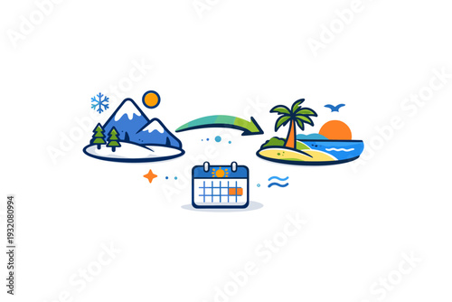Seasonal migration route map visualized as a compact map fragment with two habitat icons linked by a smooth arrow path and a small calendar accent. A symbolic