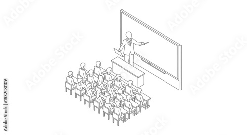 isometric line art of a teacher presenting to students in a classroom illustrating learning education and professional development.