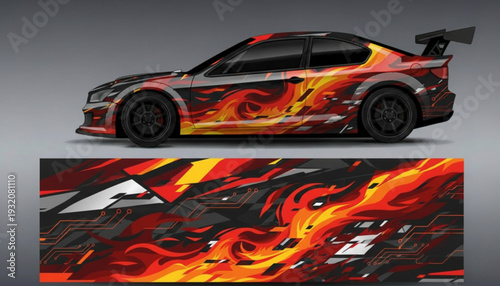 Sports car with a vibrant fiery abstract decal design, showcasing the full wrap pattern.