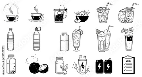 minimalist drinks and beverages line art icon set featuring coffee tea water smoothies and energy drinks for menus.