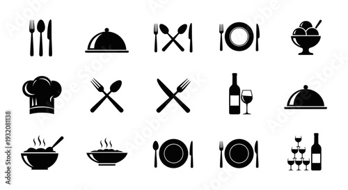 set of black and white food and restaurant icons including cutlery chef hat wine and serving dishes perfect for menus and branding.
