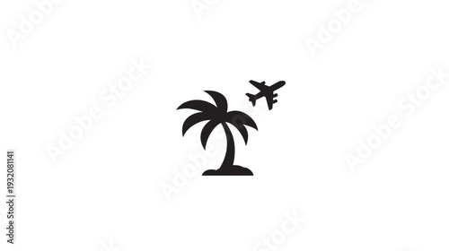A black and white graphic showing a palm tree and a plane, representing vacation