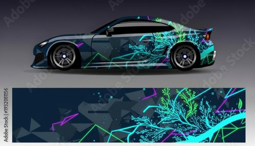 Custom car wrap design with abstract geometric and organic neon patterns on a dark blue sports coupe.