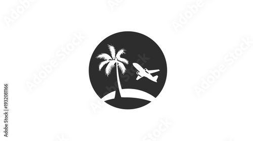 A simple, circular emblem with a palm tree, an airplane, and a stylized landmass