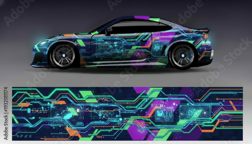 Futuristic sports car with a vibrant circuit board-inspired digital graphic wrap design, showcasing intricate glowing lines and geometric patterns.
