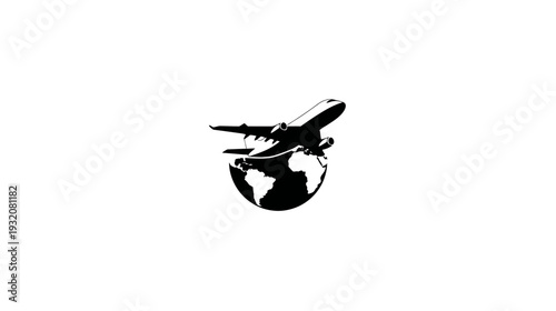 A silhouette of an airplane flying over a globe, conveying global travel concept