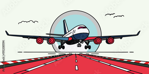 Stylized illustration of a passenger airplane taking off from a runway with a circular background design