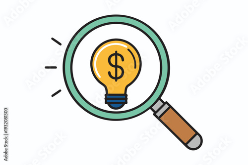 Magnifying glass examining lightbulb with dollar sign inside